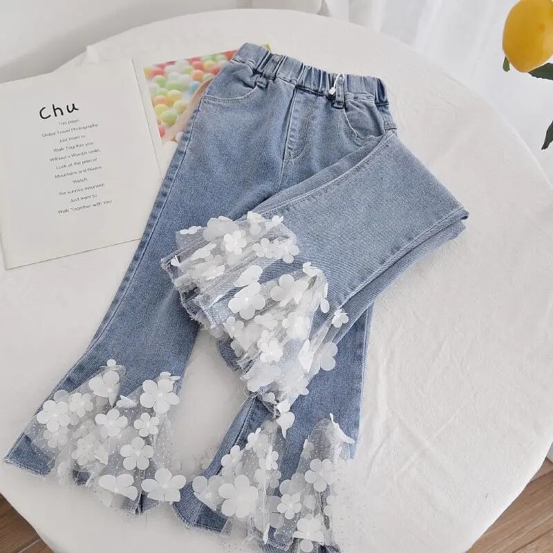 Pantalones vaqueros para niña de 3 a 12 años, pantalón acampanado, ropa de primavera, pantalón informal, pantalón largo de perlas para bebé