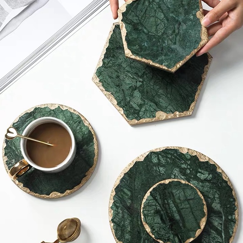 Luxe Antislip Emerald Real Marmer Coaster Mok Plaats Mat Groene Steen Met Gouden Inlay Hittebestendige Trivet Tafel decoratie