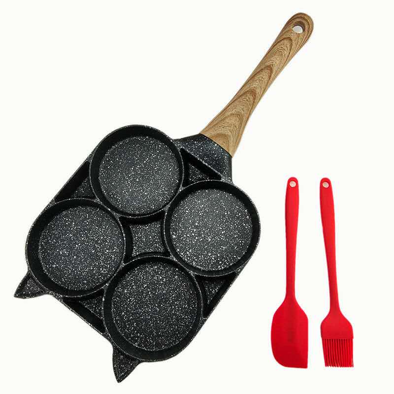 Innovativ non-stick æggepande med 4 huller stegt æg pande delt spejlæg pandekager æggekoger hamburger pande køkkenværktøj: Kun til gas / Træ med børste