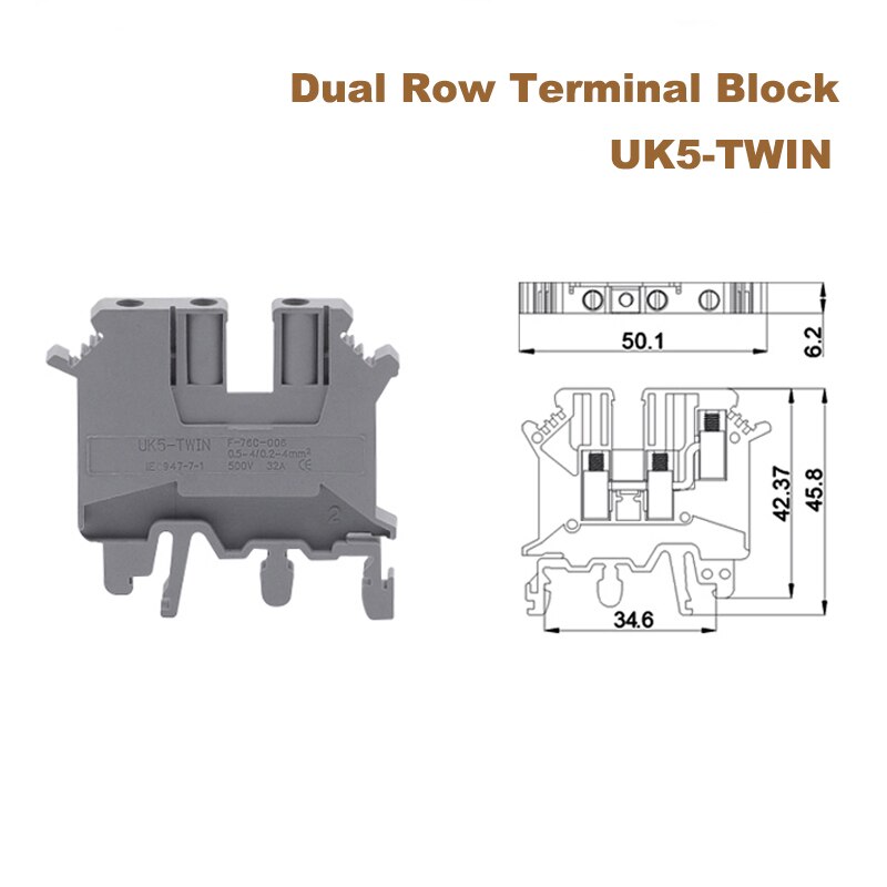 5Pcs UK5-TWIN Din Rail Dual Rij Schroef Terminal Blokken Elektrische Draad Dubbele Morsettiera Terminals Blok Connector 32A 4mm ²