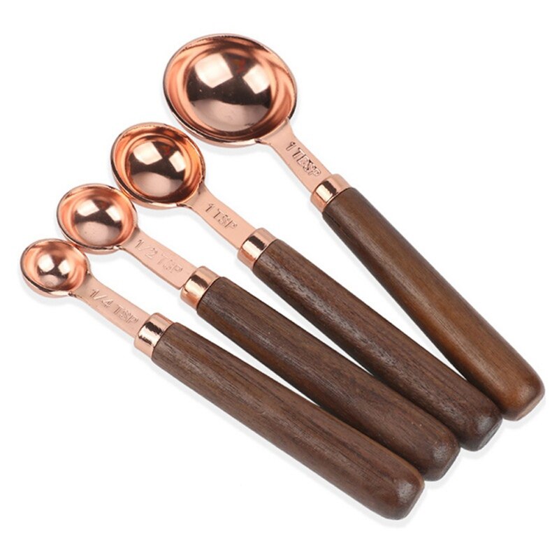 4 stk/sæt rose guld køkken bagning målebægre rustfrit stål måleske scoop sæt træhåndtag køkken måleværktøj