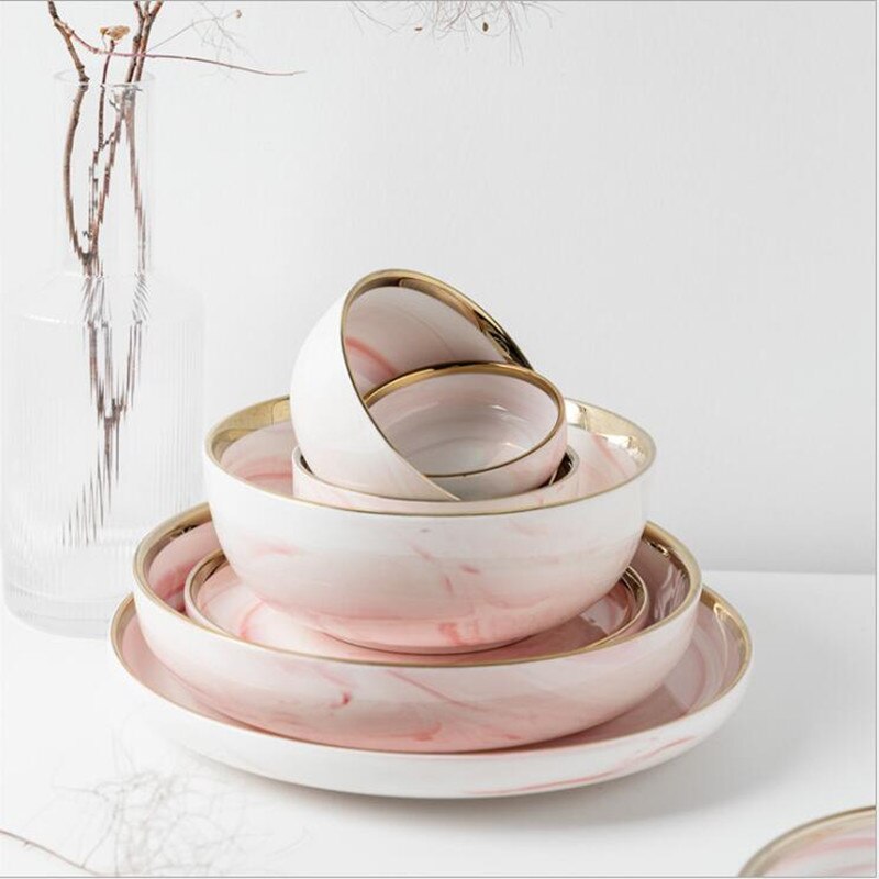 Prato de jantar de mármore rosa conjunto de utensílios de cozinha de cerâmica conjunto de pratos de comida salada de arroz macarrão tigela sopa cozinha entrega gratuita