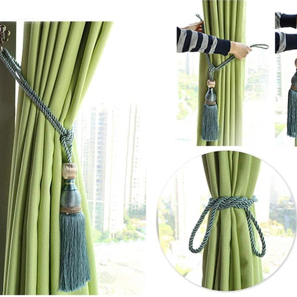 Paquete de 2 alzapaños de cortina con borlas, alzapaños de cuerda hechos a mano, decorativos para el hogar, la Oficina y el Hotel, para la ventana del hogar y la Oficina