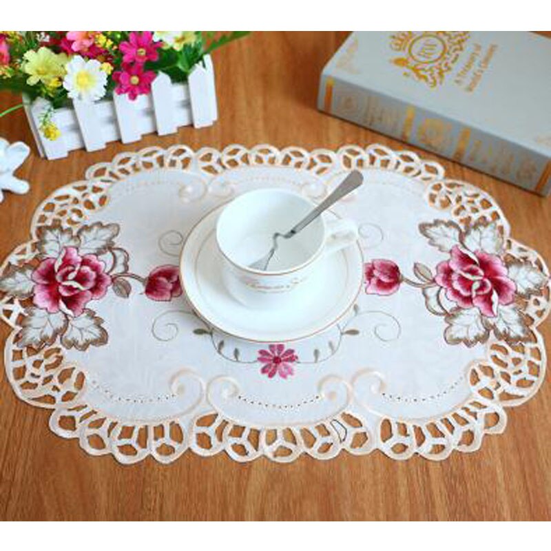 Oval spetsbroderi bord bordsunderlägg underlägg tyg kopp fat teunderlägg jul bordstablett doily kök bröllopstillbehör