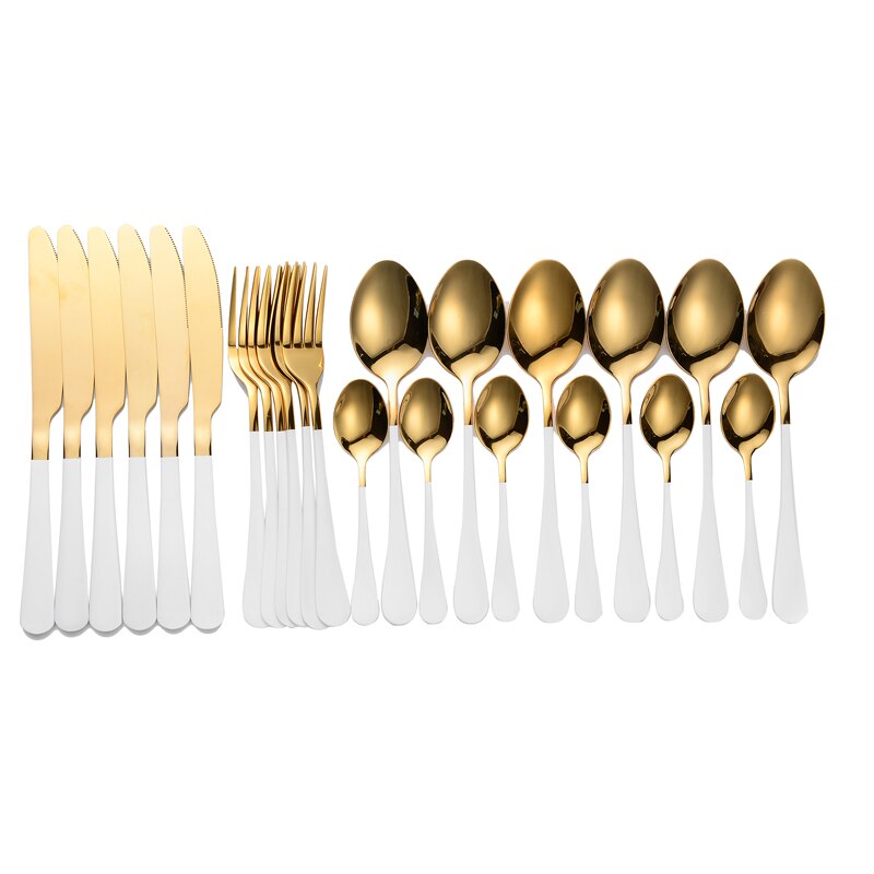 Tablewellware Servies Zwarte Bestek Set 24 Pcs Roestvrij Staal Bestek Doos Vorken Messen Lepels Diner Set Keuken Lepel Set: white gold 6 sets