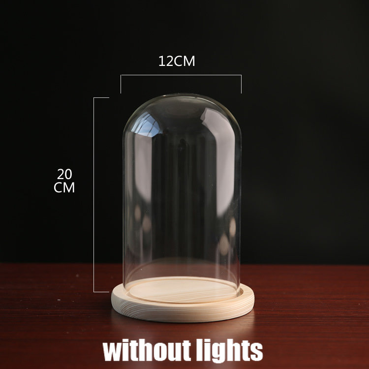 Tabletop Display Glass Cover Terrarium Container Decor Dry Flower Ornaments Craft Bell Jar Wood Base with Feet LED Light Holder