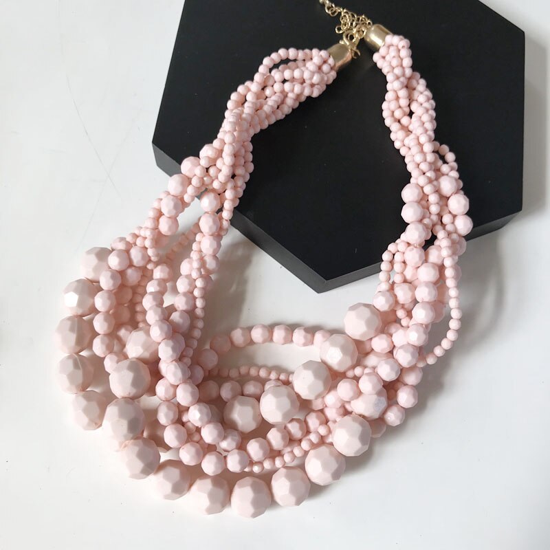 Gult mörkrött flätat halsband med akrylpärlor: Rosa guldfärg