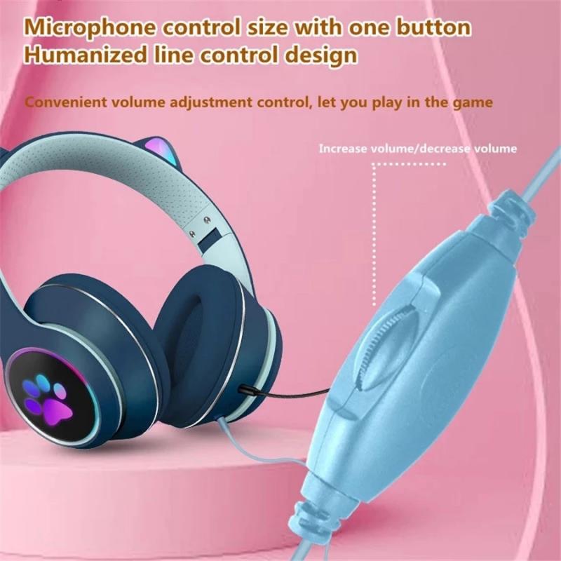 Cute Cat Ear Wired Headphone Noise Reduction Virtual Dual Mic Headphones LED Light Gaming Headset For Laptop Computer Gamer