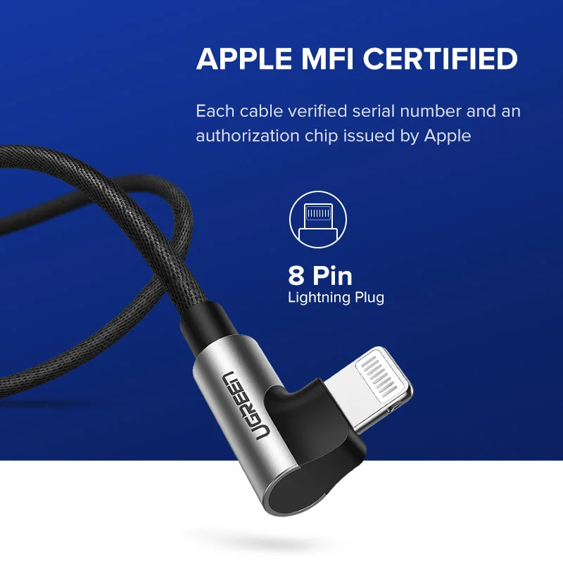 Ugreen for usb a til lightning-kabel mfi-sertifisert 90- graders for apple iphone 14 ipad usb-ladekabel ladedata flettet 1.5m