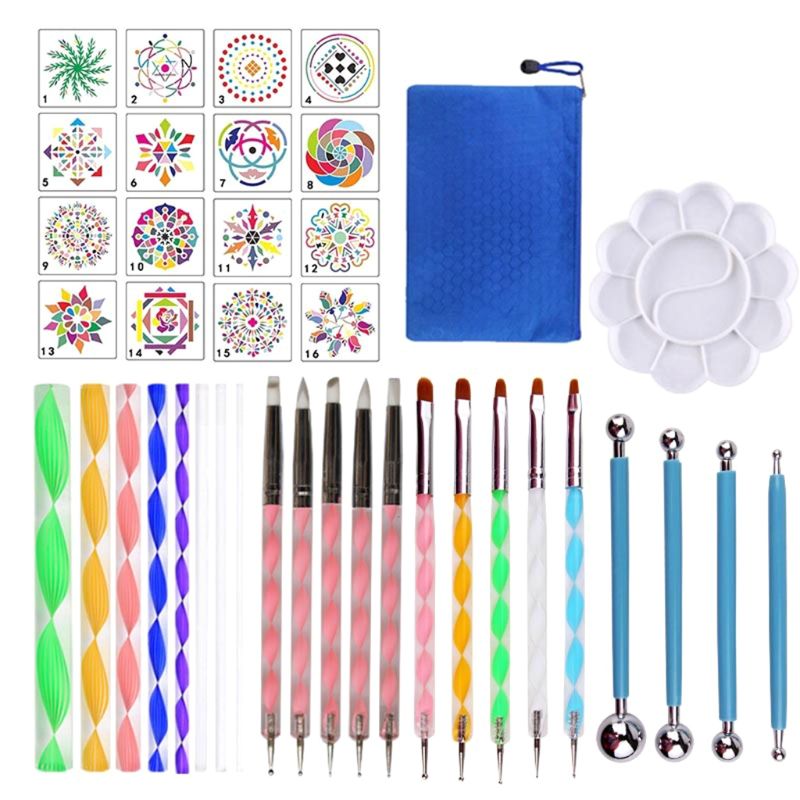 Juego de 40 Uds. De herramientas para punteado de Mandala para pintura DIY de piedra de roca con plantilla, pinceles para pintar, bandejas, suministros de arte: A