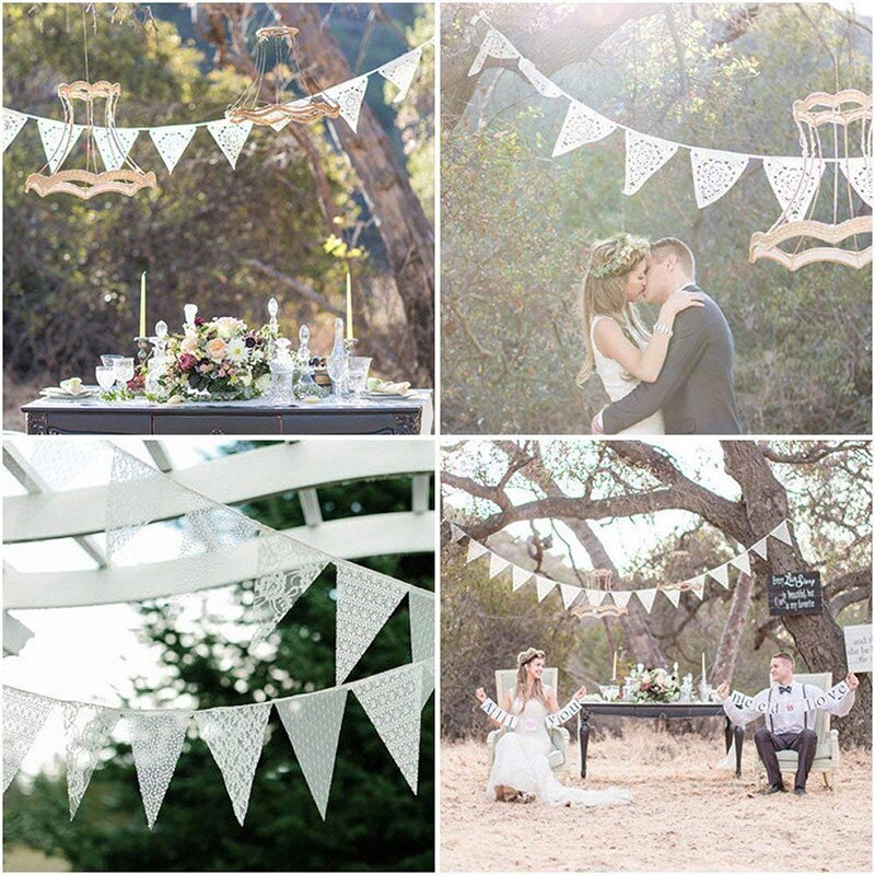 12 Triangle Flags Burlap Floral Lace Banner DIY Bunting Garland Rustic for Wedding Background Birthday Party Home Decoration