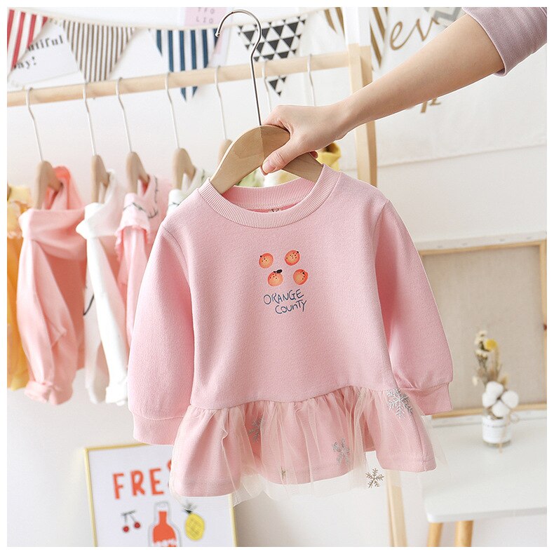 Bambini di Autunno Della Molla T-Shirt Ala Del Bambino Delle Ragazze Dolce di Stampa Del Cotone Della Principessa Dress Lace Hem T-Shirt Dei Ragazzi Delle Ragazze: Colore rosa / 12m