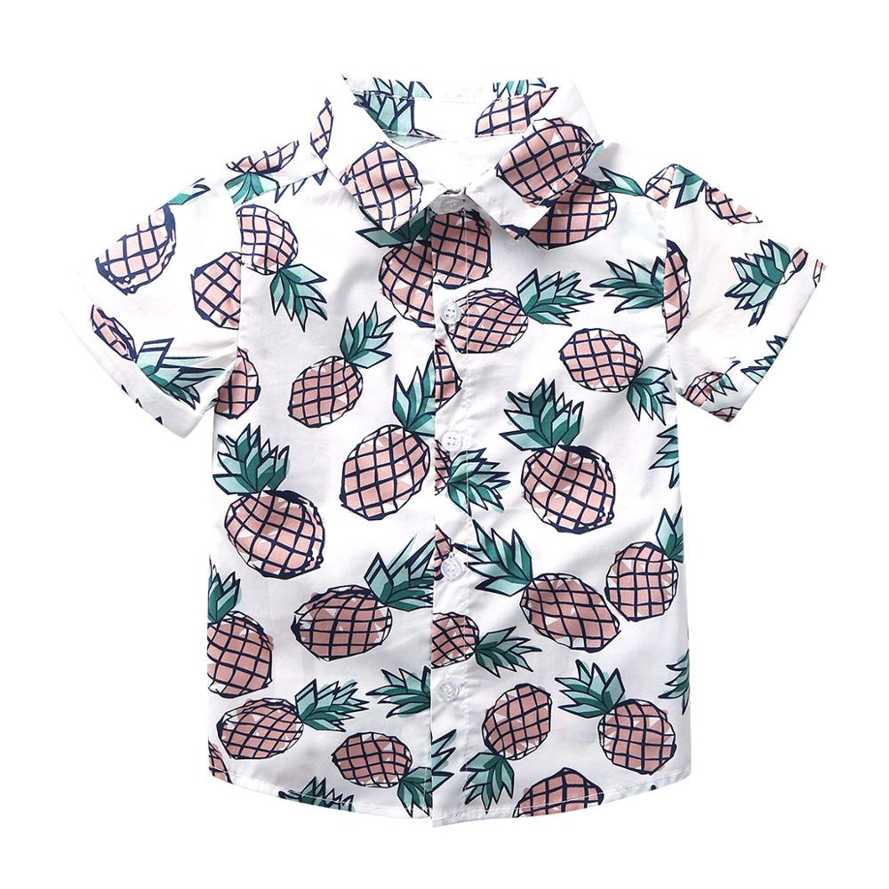 Bebé de verano de los muchachos de algodón de manga corta Camiseta de piña impresa Spread Collar botón Top bajo playa camisa Casual