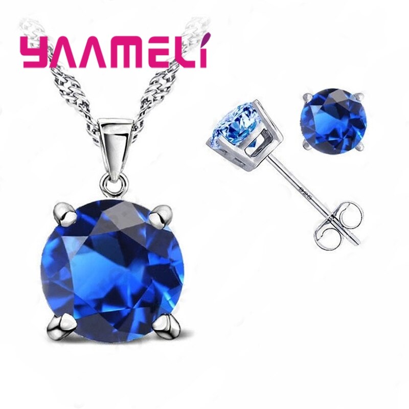 Classic Wedding Jewelry Cubic Zirconia Good 925 Sterling Silver Jewelry Sets Stud Earring Pendant Necklace Set: blue