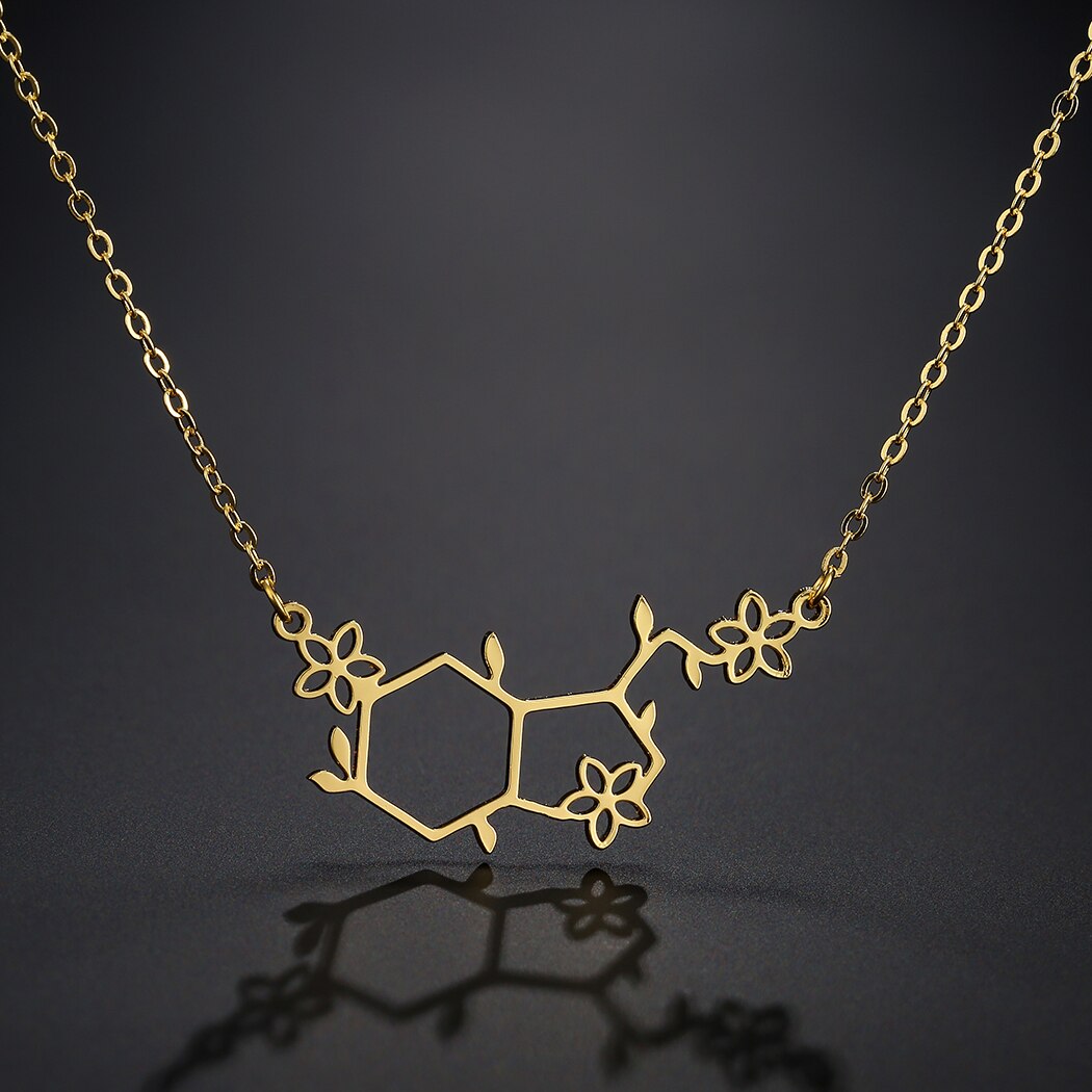 Qiming serotonin molecule with flower pendant necklace for women chemistry science jewelry geometric necklace collar