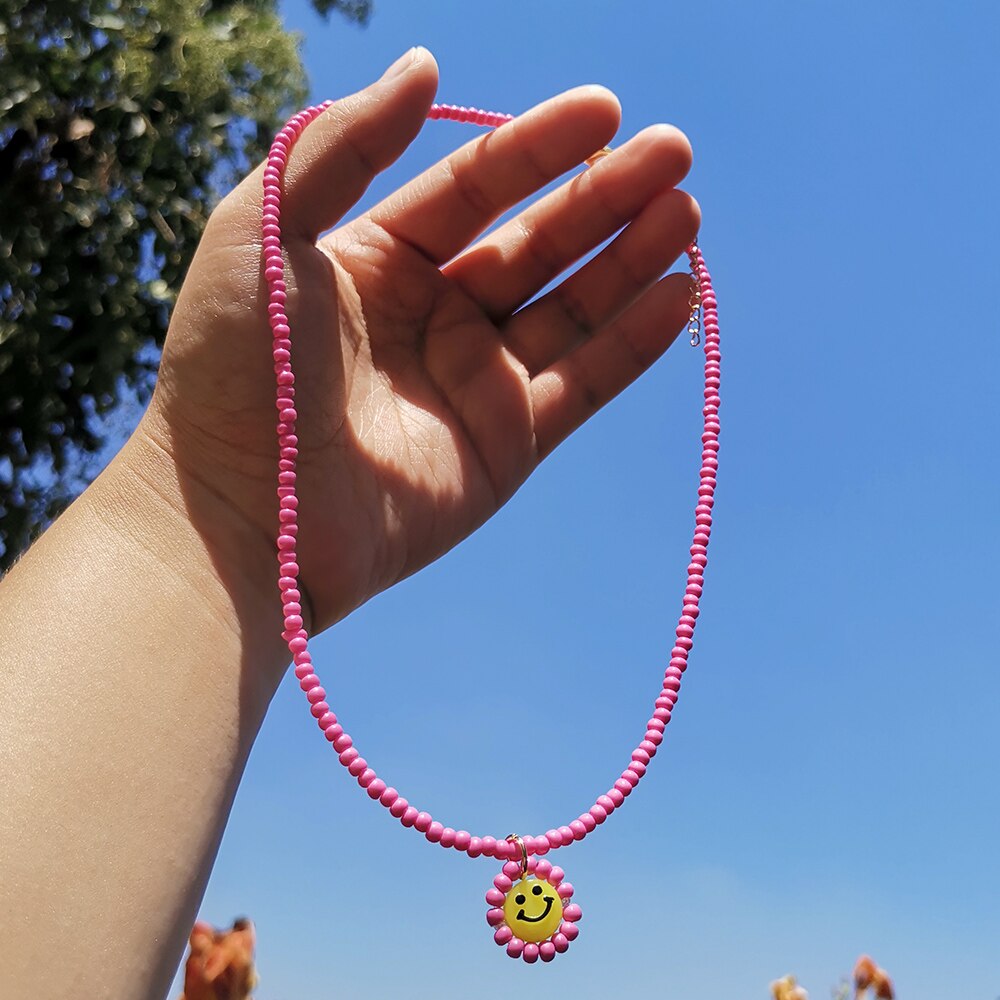 ZX de hecho a mano colorido cuentas de collar de Gargantilla de cadena lindo Similey cara colgante collares al por mayor, joyas de las mujeres Accesorios: rose red