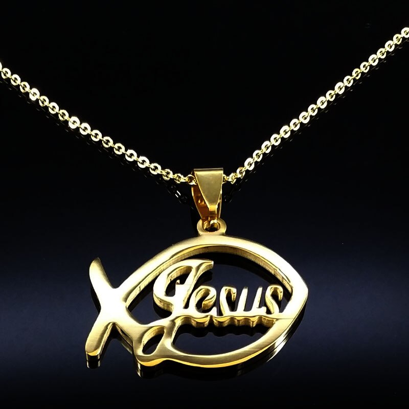 Stainless Steel Jesus Necklaces Fish Christian Christianity Ichthys Fish Pendant Necklaces Jewelry Women or Men collares N17168B: GD  fish 50cmO