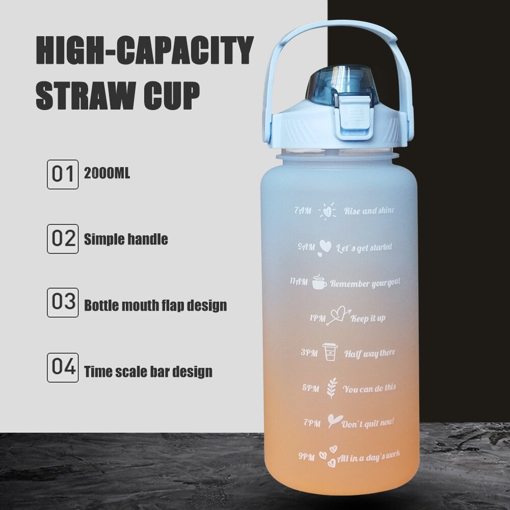 2000ml Wasser Flasche Shaker Sport Mit Zeit Marker Kunststoff Reise Fahrrad Milch Tee Saft Stroh Kürbis Tragbare Tassen