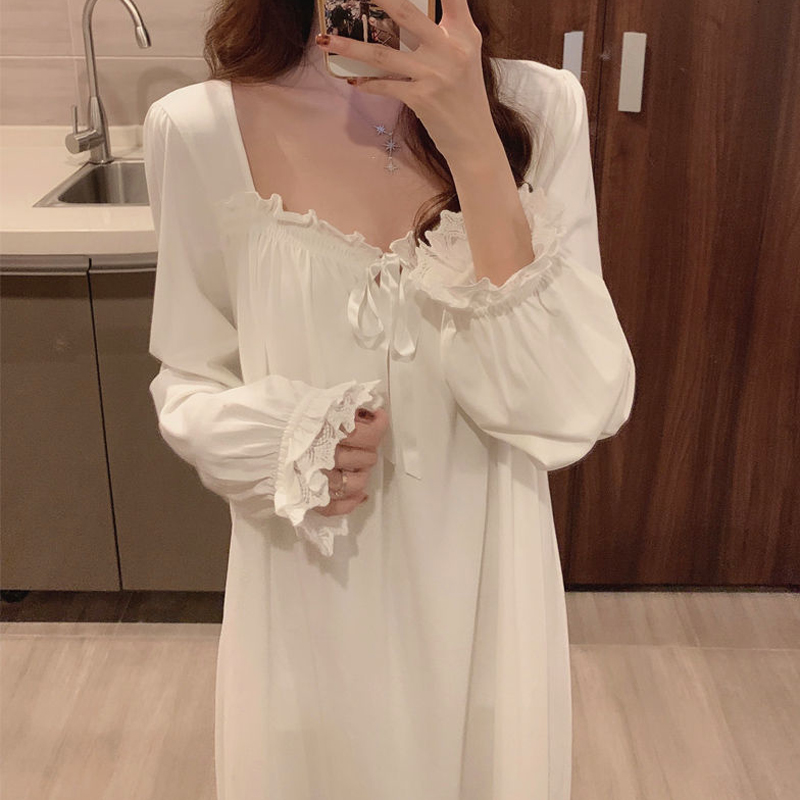 Vintage White Women&amp;#39;s Nightgown Lace Long Nightdress Woman Spring Autumn Sleep Night Dress Lady Loose Women Princess Nightgowns