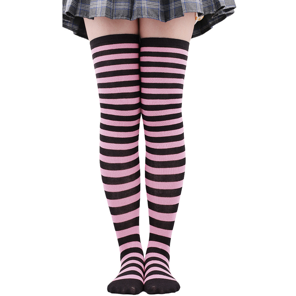 Medias altas hasta el muslo a rayas para mujer, calcetines largos por encima de la rodilla en negro, blanco y rosa, Cosplay de Lolita Harajuku Y2k 2025: Beige