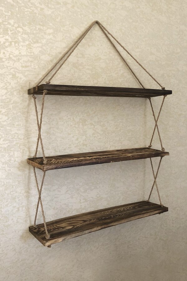 Wooden Decorative Custom Processing 3'lü Roped Shelf Bookcase