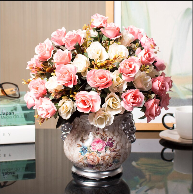 1set European artificial flower+vase living room home table wedding decor potted bonsai ornament silk flores +Ceramic vase: a1