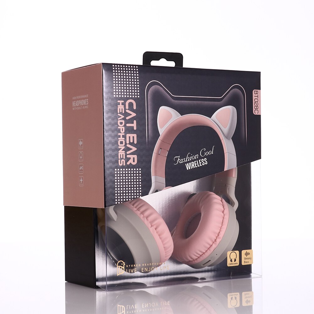 Auriculares inalámbricos con luz LED para teléfono móvil, audífonos con Bluetooth 5,0, auriculares de música estéreo para chica e hija, PC, Oreja de Gato: Pink Grey (with box)