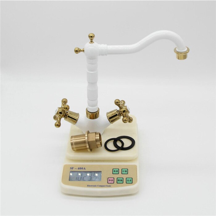 Bianco e oro doppio oro maniglia a leva contralto lungo bocca bacino del rubinetto della cucina 7306 W