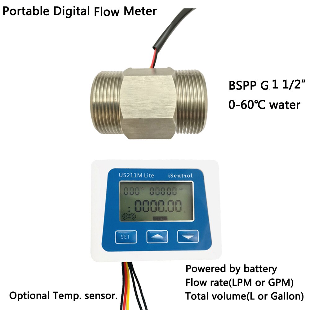 US211M Lite Portable Digital Flow Meter and Turbine Water Flow Sensor Brass BSPP G1 1/2" USS-HS121TA SUS304 iSentrol