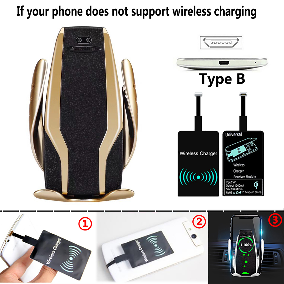 Qi Automatic Clamping Car Phone Holder Fast 10W Wireless Charging Car Charger Holder Mount Air Vent for iPhone X Max XR Samsung: Gold For Android B