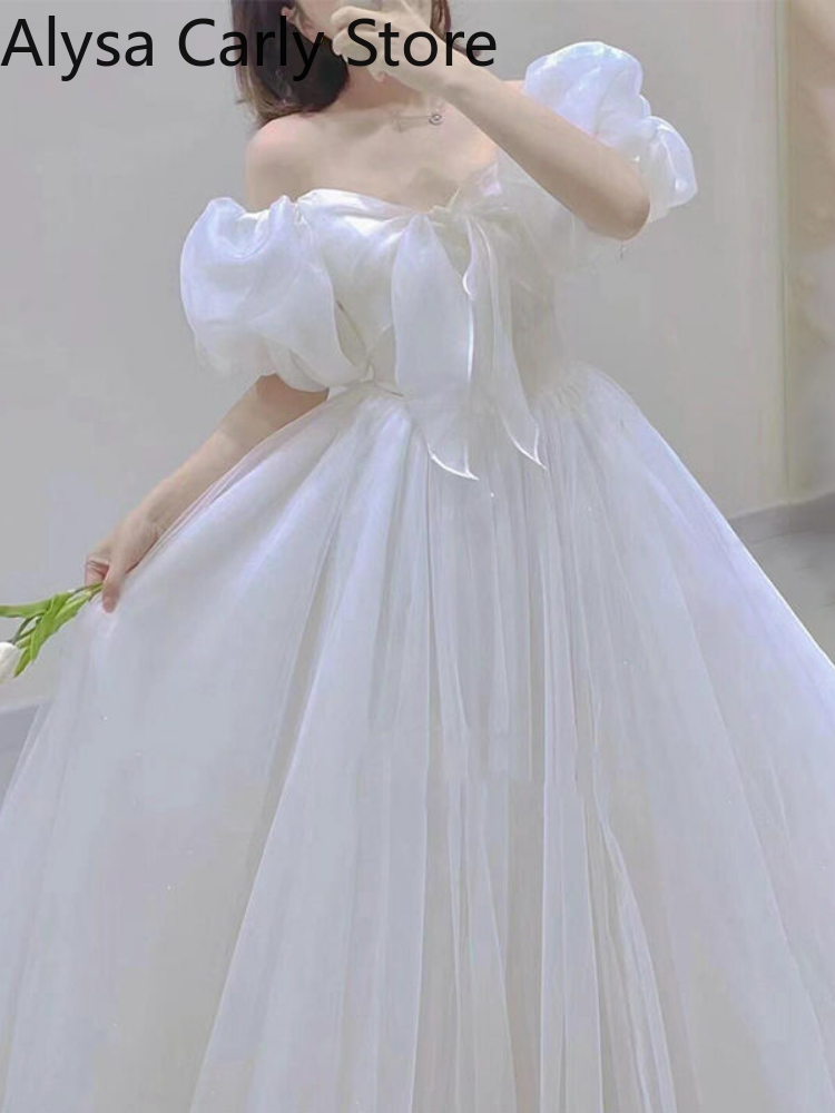 White Sweet Princess Dress Women Bow Puff Sleeve Korean Kawaii Midi Dress Female Autumn Casual Evening Party Dress