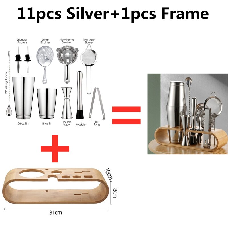 13 pçs/set aço inoxidável cocktail shaker gelo tong mixer bebida boston bartender browser kit barras conjunto ferramentas barra profissional: 11 Silver 1 Frame
