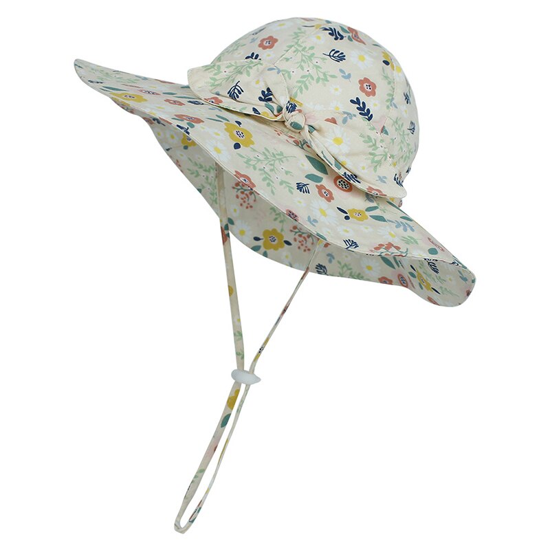 Babymeisjes grote rand bedrukte emmerhoed baby katoenen zomer strik buiten verstelbare koord pet zonnehoed rozet bleekmiddel hoed: Roze bloemen / 50cm