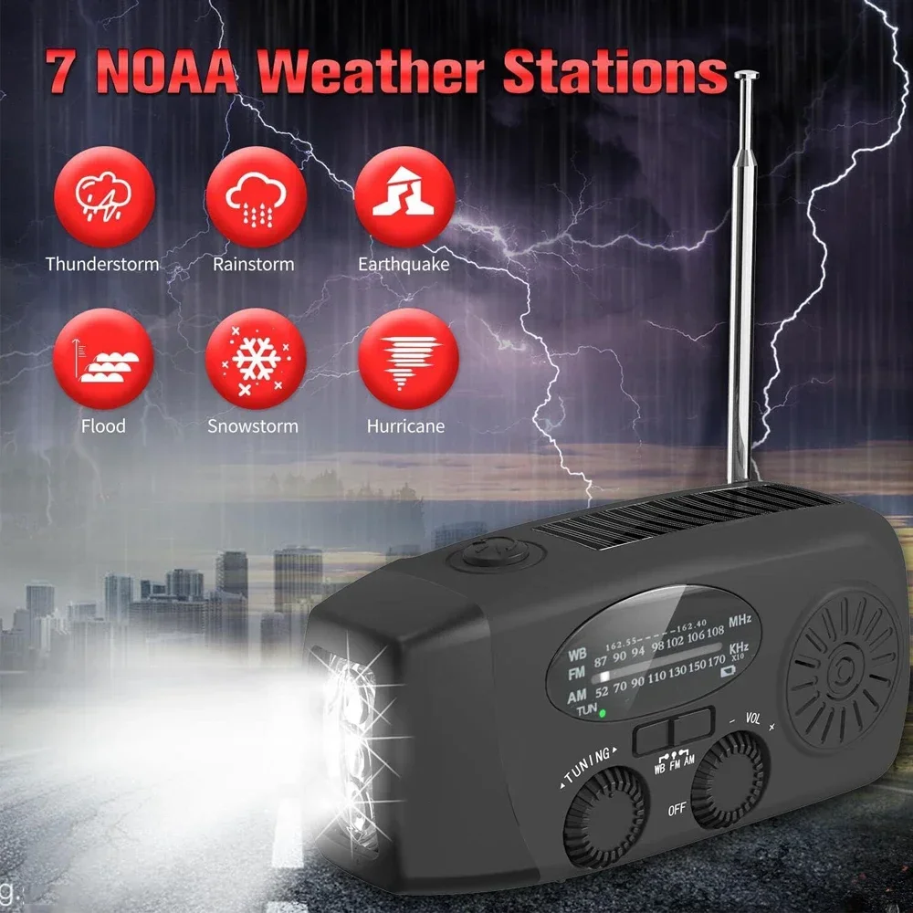 Radio di emergenza a manovella solare USB (FM/ AM/ NOAA) WB Weather Radio con torcia elettrica Power Bank Radio nere Portatil Am Fm