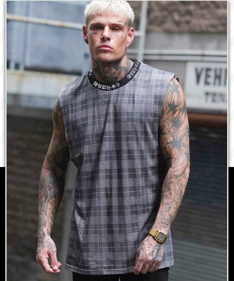 Linne för män hip hop streetwear rutig skjorta ärmlös topp med hög hals t-shirt stringer linne bodybuilding