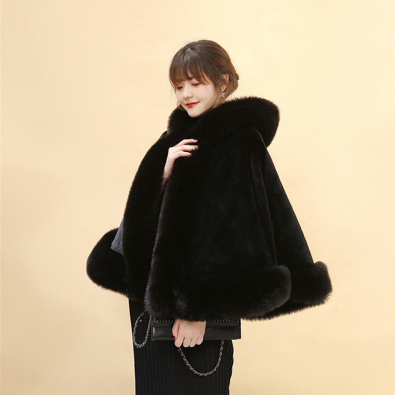 Vrouwen Hood Capes Mantel Winter Dikke Capuchon Bont Sjaal Wit Rood Zwarte Trouwjurk Bruid Bont Cape Poncho Dikker plus Size: Black