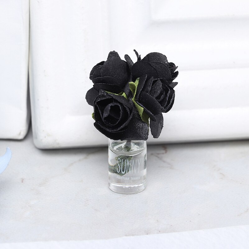 1/12 mini domek dla lalek miniaturowa zielona roślina róża w butelce kwiat ogrodowy układ zabawki dekoracyjne akcesoria robić domu dla lalek: czarny