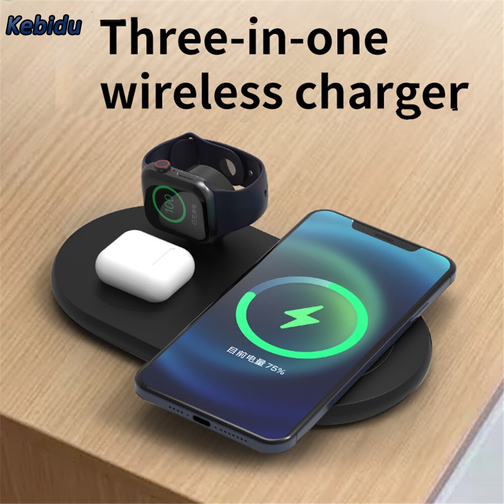 Kebidu 3 In 1 Draadloze Oplader 15W Snel Opladen Dock Station Smart Charger Voor Iphone 13 12 Xs Xr x8 Z5A Voor Apple Horloge Airpod