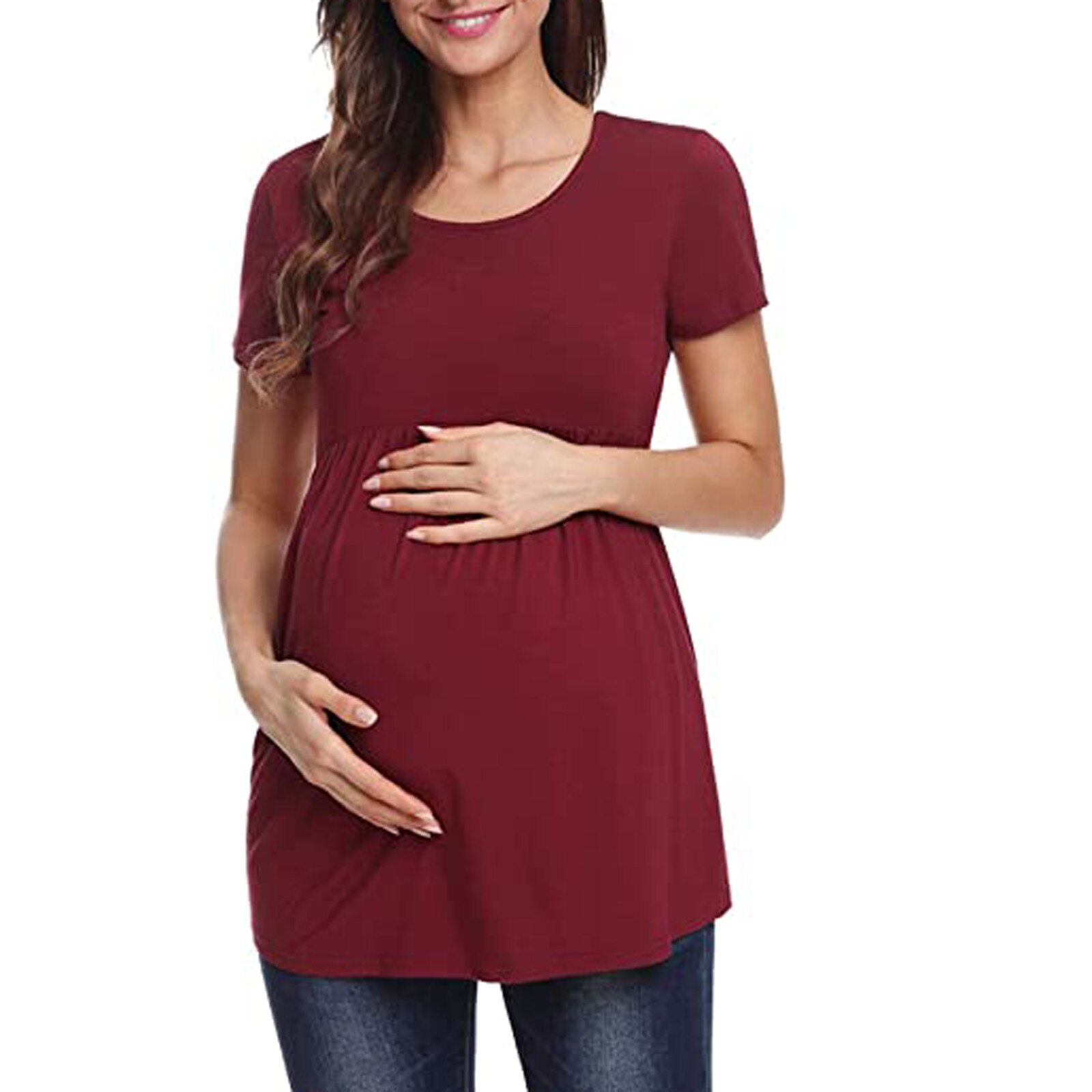 Camiseta de manga corta de maternidad para mujer, Tops de poliéster con cuello redondo de Color sólido, ropa de embarazo, ropa de embarazada de verano