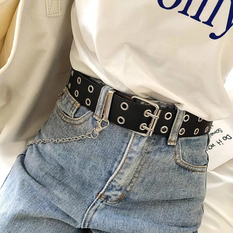 Harajuku belt Women Punk Chain Belt Adjustable Black Double/Single Eyelet Grommet Metal Leather Waistband For Jeans