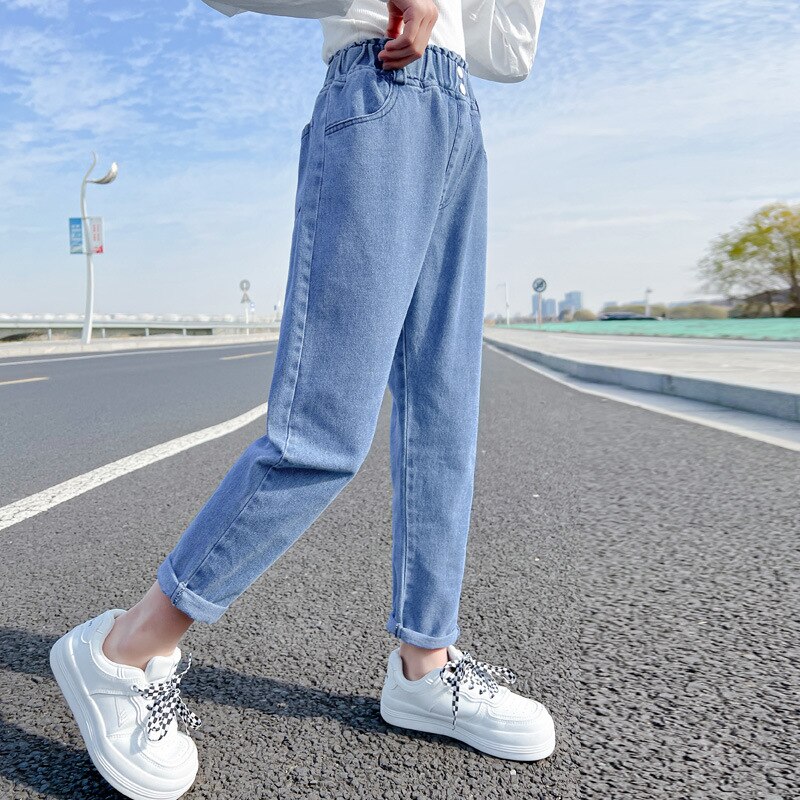 Pantalones Vaqueros azules para chicas adolescentes, Vaqueros de cintura alta Vintage, largos e informales, nuevos