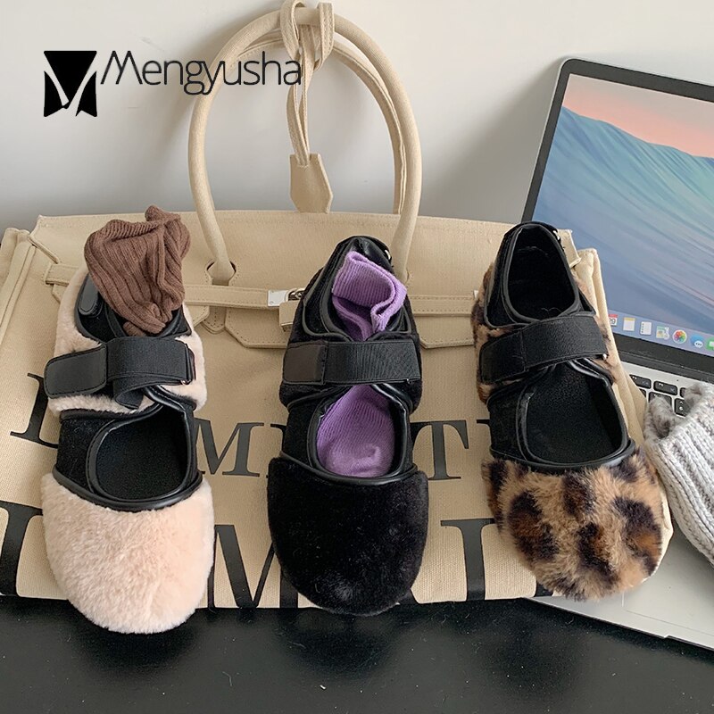 Pörröiset leopardihousut nainen koukku ja silmukka mary janes talvipehmo lolita kengät naiset lampaanvilla mokasiinit lämpimät fleece-loaferit