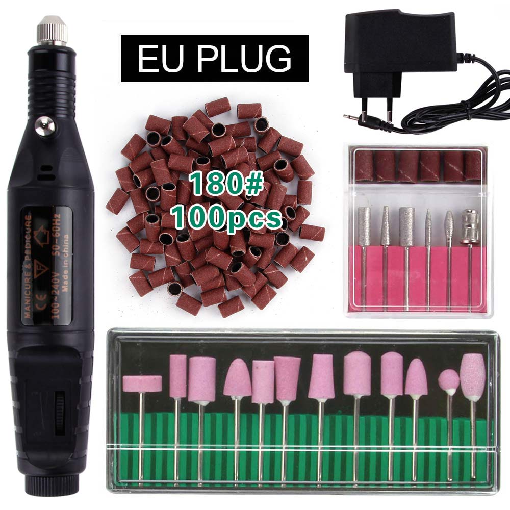 Elektryczne aparaty do Manicure urządzenie do Pedicure kwarcowe wiertła do paznokci 100Pc szlifowanie taśmy szlifierskie pilnik do paznokci bufor żel usuń: Black EU Plug 180