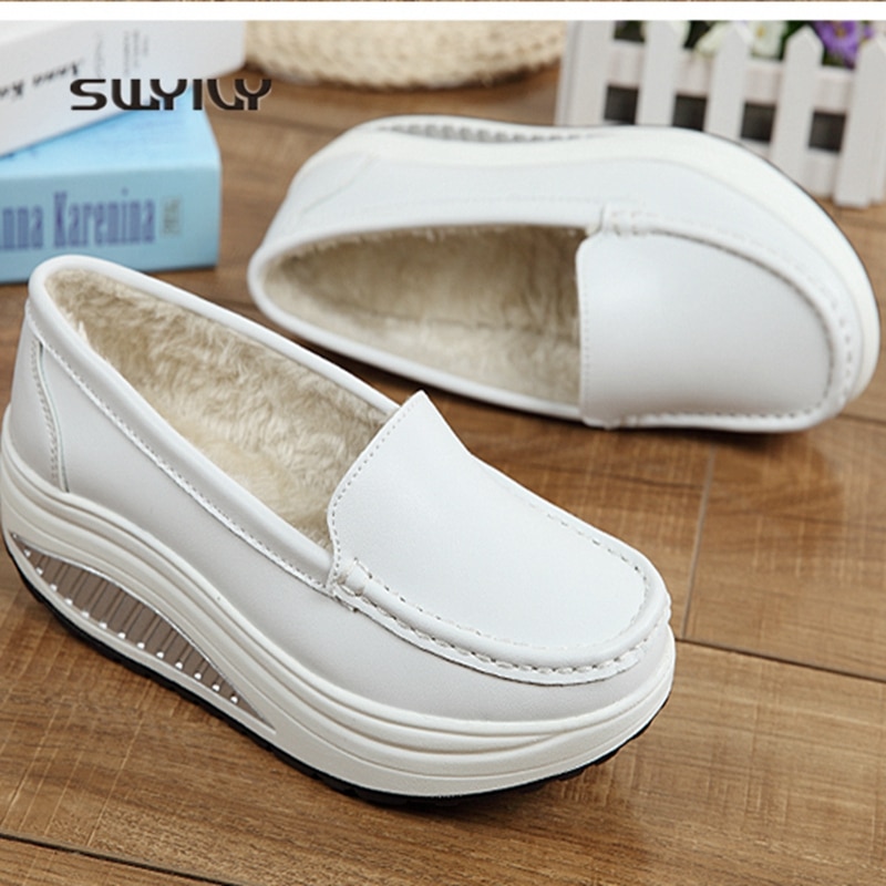 SWYIVY Women Winter Warm Shoes Plus Velvet Lady Toning Swing Shoes Wedge Leather Height Increasing Female Slimming Shoe