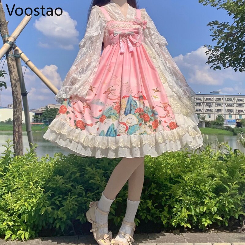 Robe Lolita JSK en dentelle pour filles, tenue de princesse sans manches, Vintage, Chic, imprimé, nœud, mignon