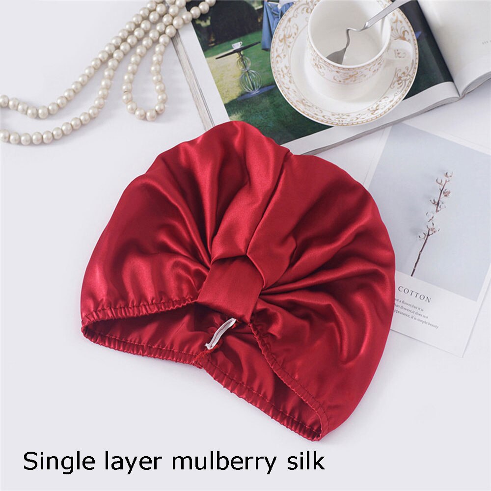 100% puro seda amoreira elástica noite boné amoreira seda envoltório de cabelo dormir gorro para mulher 19 momme sleeping cap único/duplo: Wine red 01