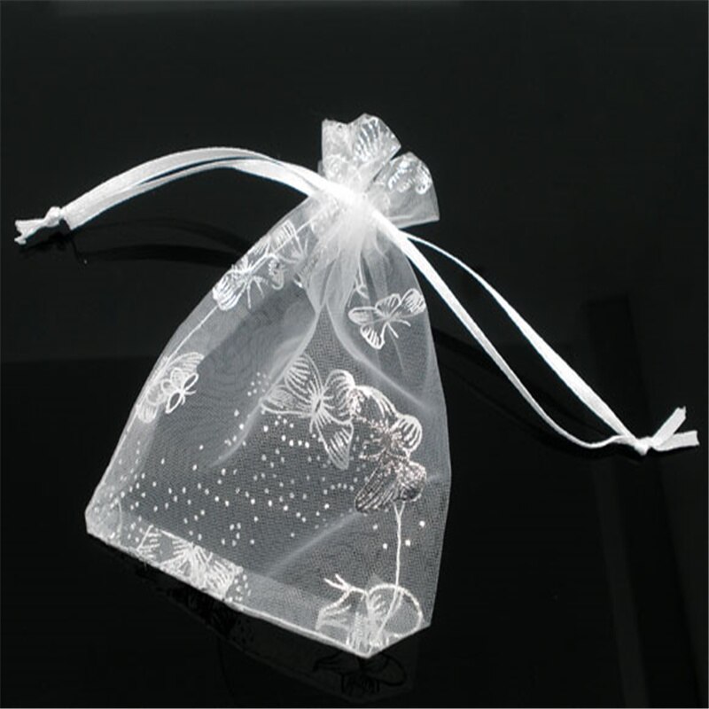 100 Pcs Doreen Doos Vlinder Organza Tassen & Zakjes W/Draw String 7X9Cm Wit Voor Verpakking sieraden Kralen Huwelijksgeschenken