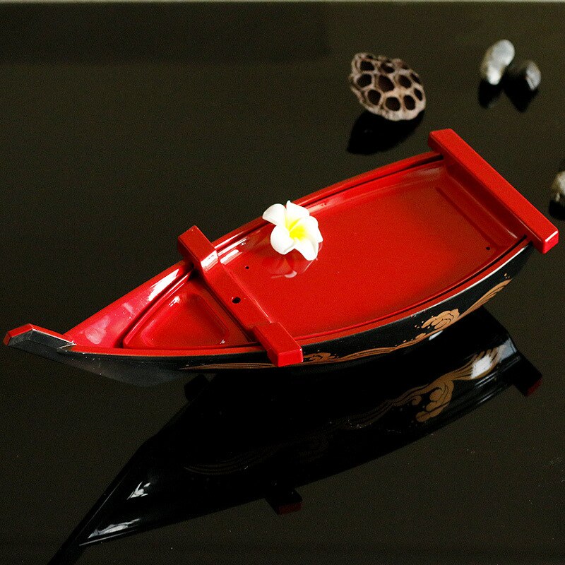 -ABS Black Red Sushi Sashimi Boat Ice Food Seafood Plate Salmon Sashimi Tray Japanese Food Container Sushi Decor