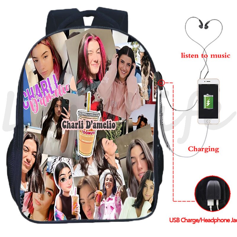 Plecak Charli Damelio plecak USB Design chłopcy dziewczęta torby szkolne mężczyźni kobiety dwuwarstwowy plecak na laptopa plecak podróżny USB: 5
