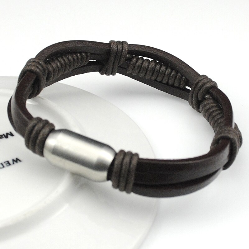 AMUMIU-Bracelet en cuir pour hommes | Fermoir en acier inoxydable, chaîne en corde, bijoux faits à la main, HZB010